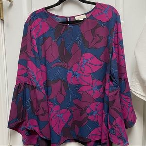 Jewel tone pattern top with bell sleeves